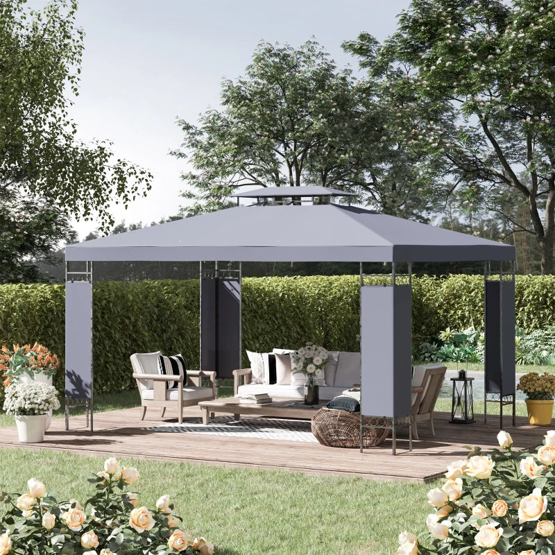 10' x 13' Outdoor Gazebo, Double Roof Patio Gazebo Canopy Shelter with Screen Decorate Corner Frame, Grey