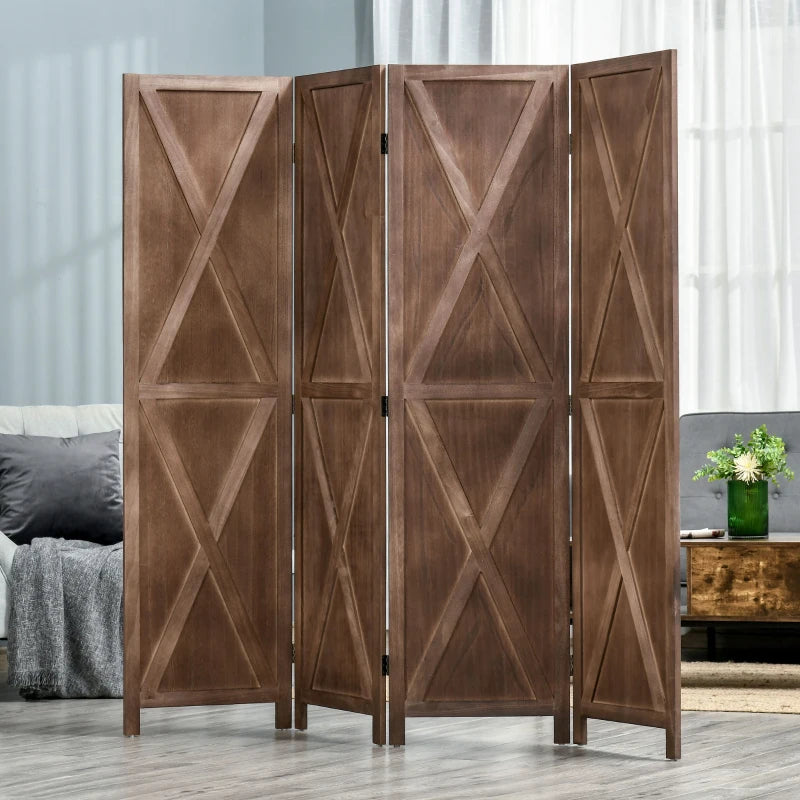 4-panel Wall Partition Farmhouse Room Separator with Foldable Design Wooden Frame 5.6FT, Walnut