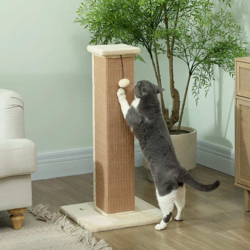 32" Tall Cat Scratching Post for Indoor Cats and Kittens, Sisal Cat Scratcher with Hanging Ball Soft Plush, Beige