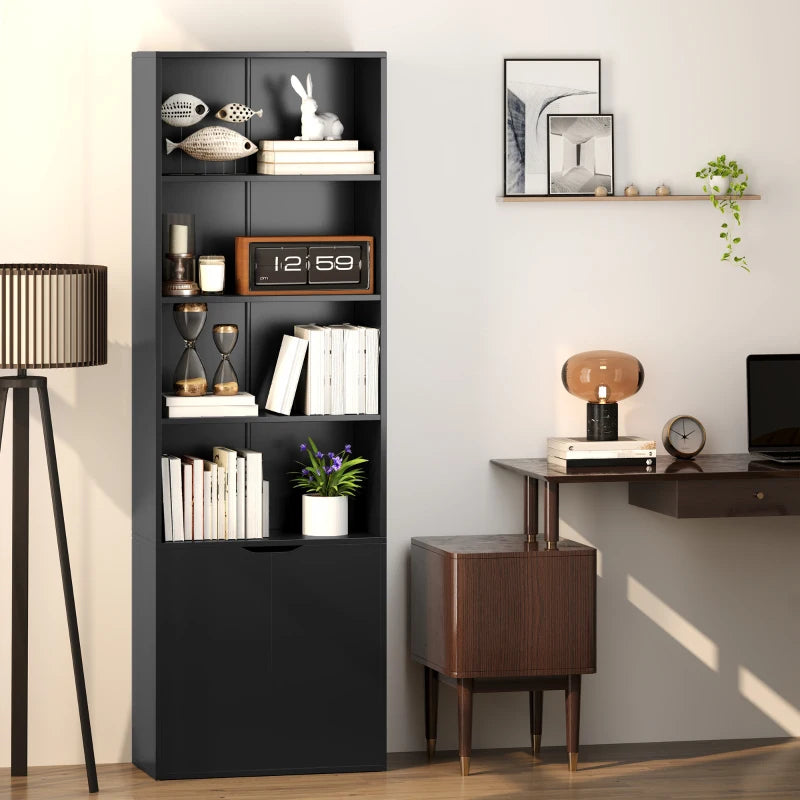 4-Tier Open Bookshelf with Doors Modern Home Office Bookcase Storage Cabinet for Living Room Bathroom Study, Black