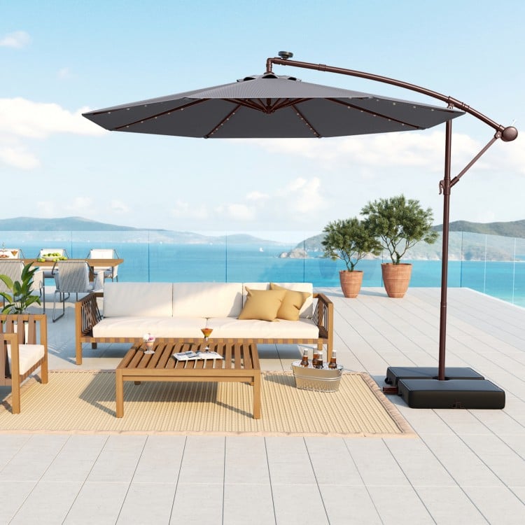 10 Ft Patio Umbrella Offset Cantilever Umbrella with 40 Solar Powered Lights-Gray