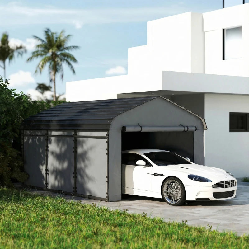 10' x 15' Metal Carport, Heavy Duty Garage Car Shelter with Galvanized Metal Roof and Removable Sidewalls, Light Grey