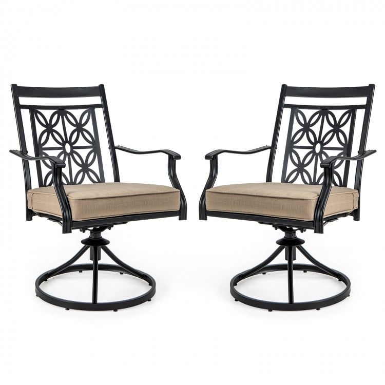 2 Pieces Patio Swivel Dining Chairs with Blossom Pattern Backrest and Cushions-Black