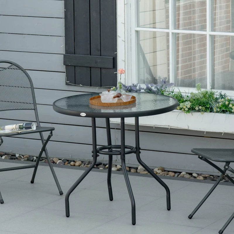 31.5" Round Outdoor Dining Table Coffee Side Bistro Table with Umbrella Hole, Glass Top, Steel Frame for Garden, Patio