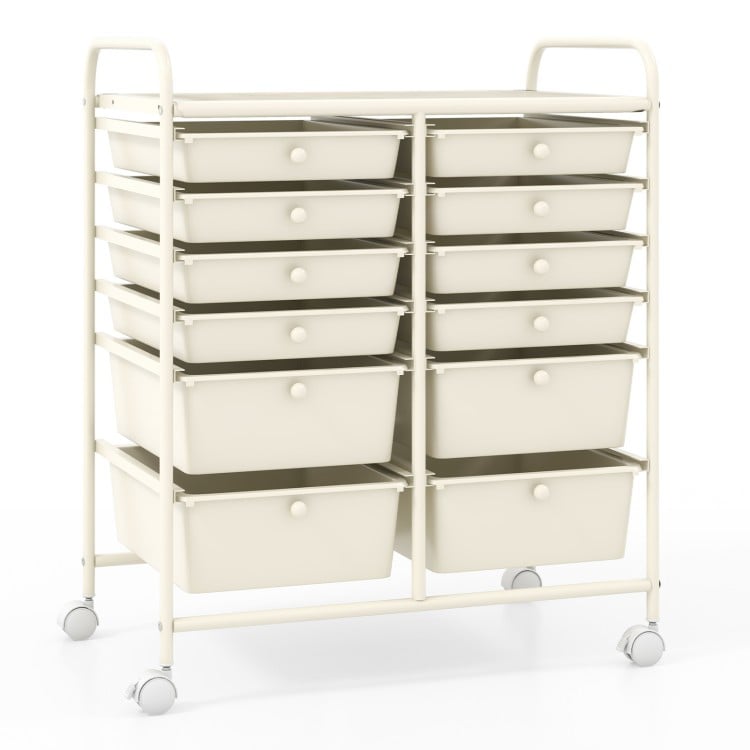 12-Drawer Rolling Storage Cart with Removable Drawers and Lockable Wheels-Beige