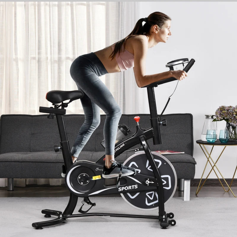 Soozier Exercise Bike, Stationary Bike with LCD Display, Indoor Cycling Bike for Home Workout, with 6 Flywheel, Black