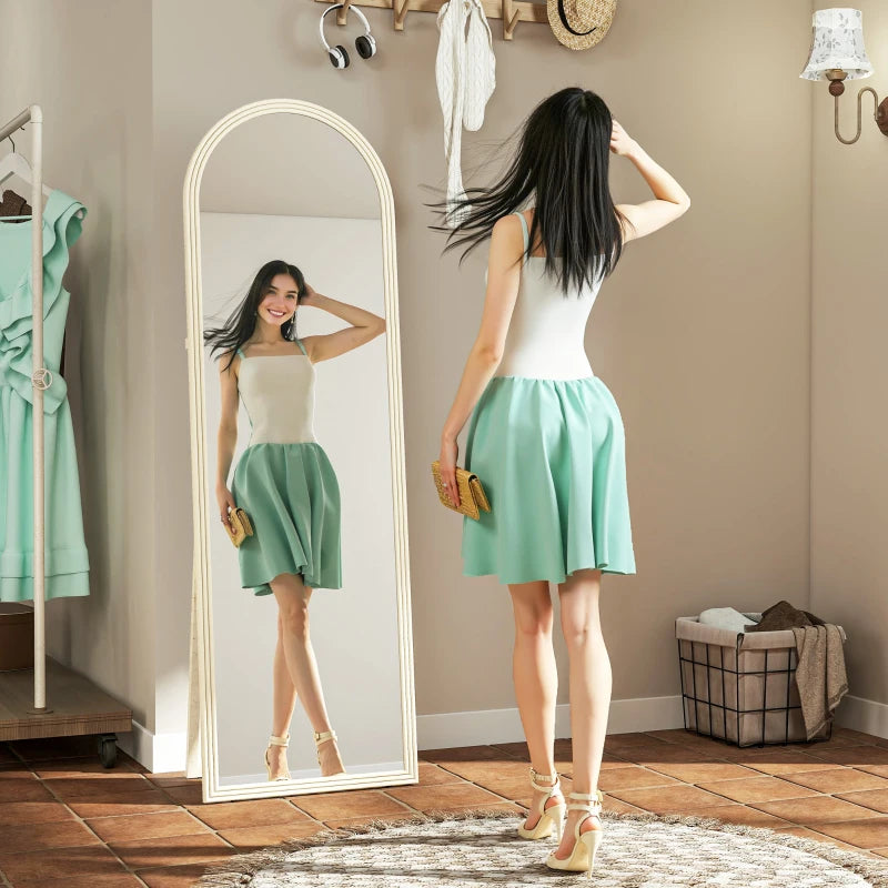 64" x 21" Full Length Mirror, Free Standing, Leaning or Wall, Arched Full Body Mirror with Faux Stone Frame, White
