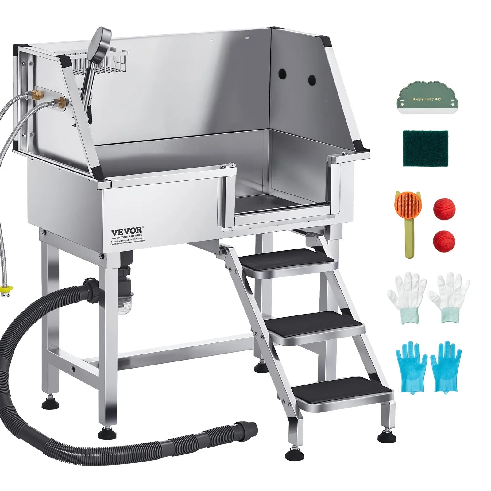 VEVOR 34" Dog Grooming Bath Tub Stainless Steel w Stairs Faucet Showerhead