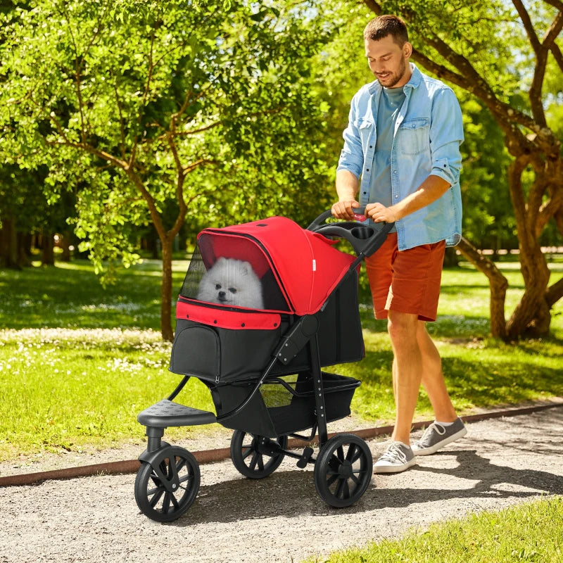 3 Wheel Folding Dog Stroller, Travel Carrier with Adjustable Canopy, Storage Brake, Mesh Window for S&M Dogs, Red