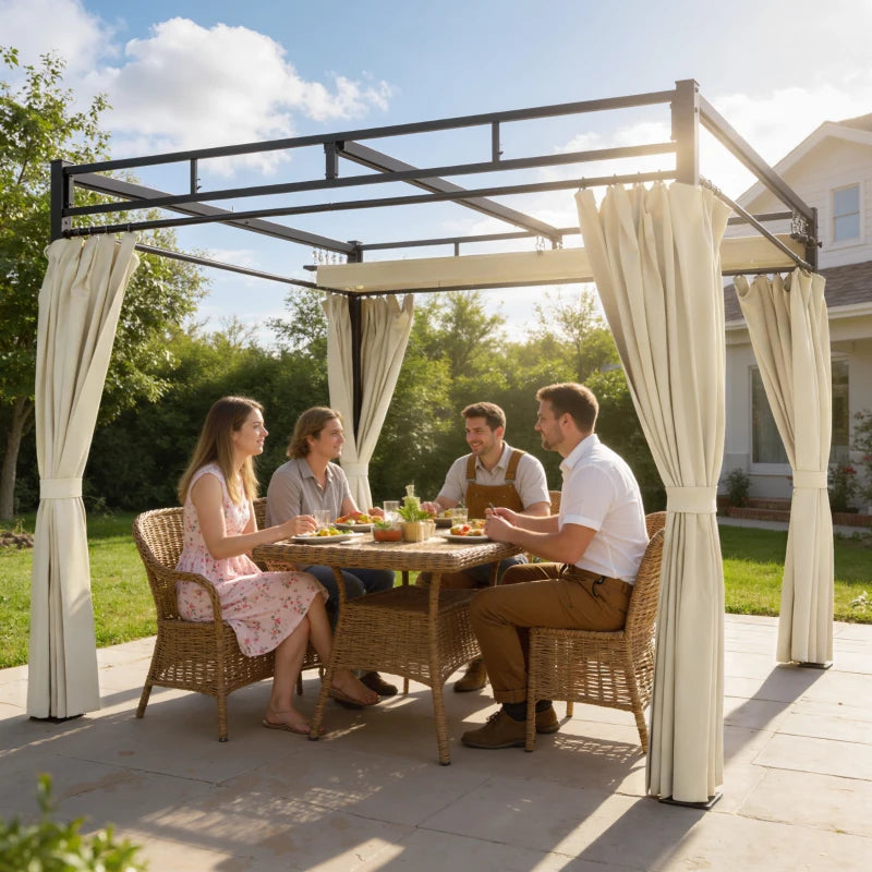 10' x 10' Outdoor Gazebo, Retractable Pergola Canopy with Curtains, UPF30+ Free Standing Metal Pergola Kit, Beige
