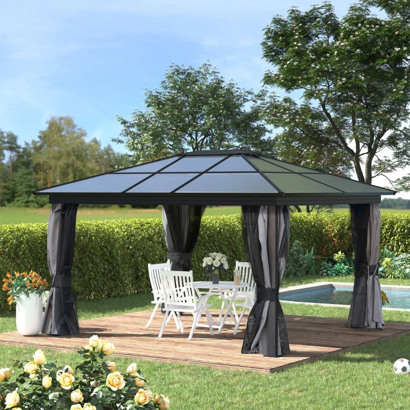 12' x 15' Hardtop Gazebo Canopy with Polycarbonate Roof, Aluminum Frame, Netting, Curtains and Ceiling Hook, Dark Grey