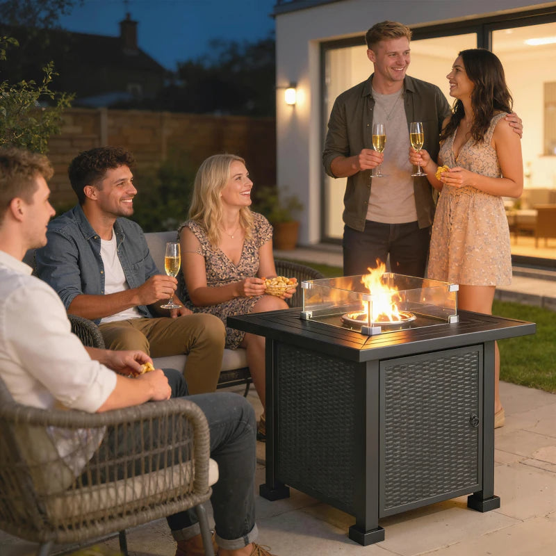 32" Propane Gas Fire Pit Table, 50,000 BTU Square Patio Table with Fire Pit, Wind Guard, Lid, CSA Certified, Black
