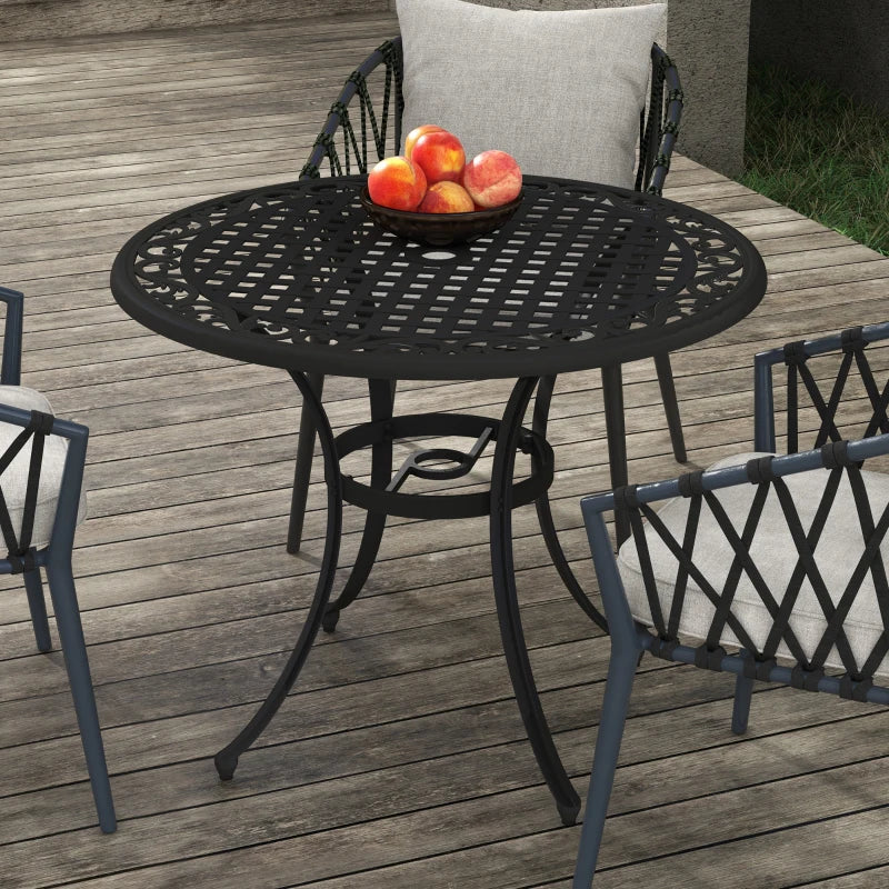 35.5" Round Outdoor Dining Table for 2-4, Cast Aluminum Garden Patio Table with 2" Umbrella Hole, Grid Top, Black