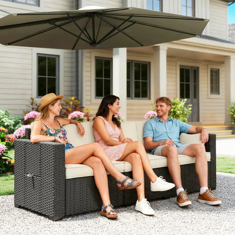 3 Seater Wicker Patio Sofa with Side Trays, Outdoor Couch with 6" Thick Back Cushions, Deep Seating, Cream White