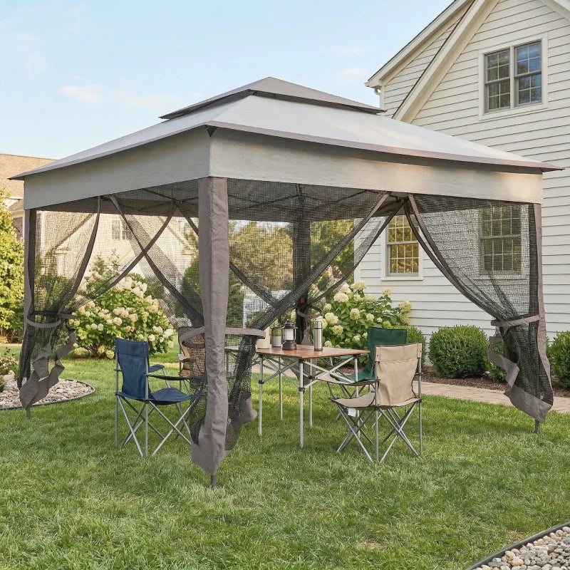11' x 11' Pop Up Canopy 2-Tier Soft Top Shelter Event Tent w/ Netting Carry Bag for Patio Backyard Garden, Mixed Grey