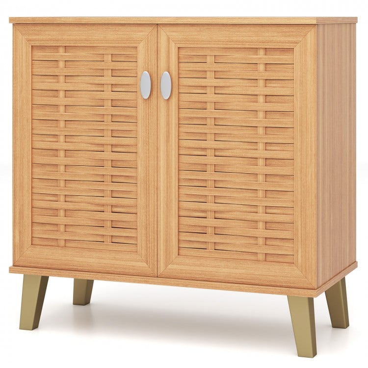 2-Door 4-Tier Shoe Cabinet Storage Organizer with Ventilated Woven Doors-Teak