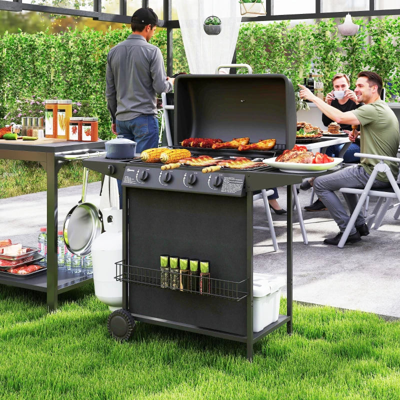 4+1 Burner Propane Gas BBQ Grill, Portable Gas Barbecue Grill with Side Burner, Thermometer, Lid, Side Table, Shelf, Spice Rack, Wheels, Grease Cup for Garden, Black