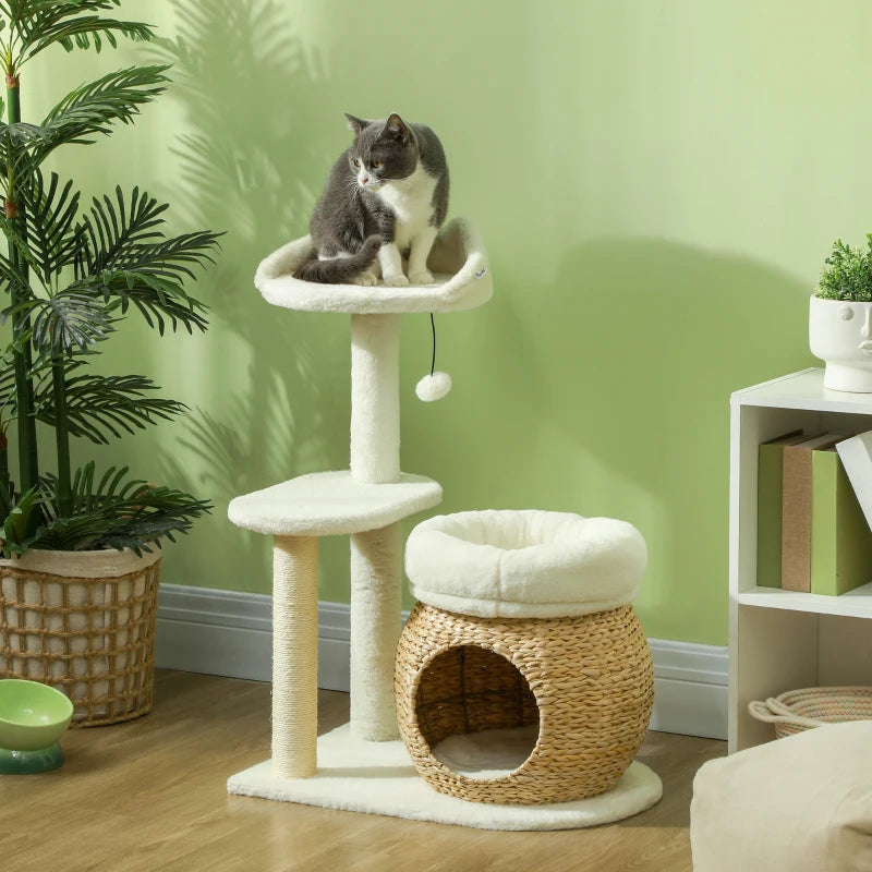 31" Cat Tree Tower with Scratching Posts, Cat Condo, Beds, Platform, Toy Ball, for Indoor Cats, Cream White
