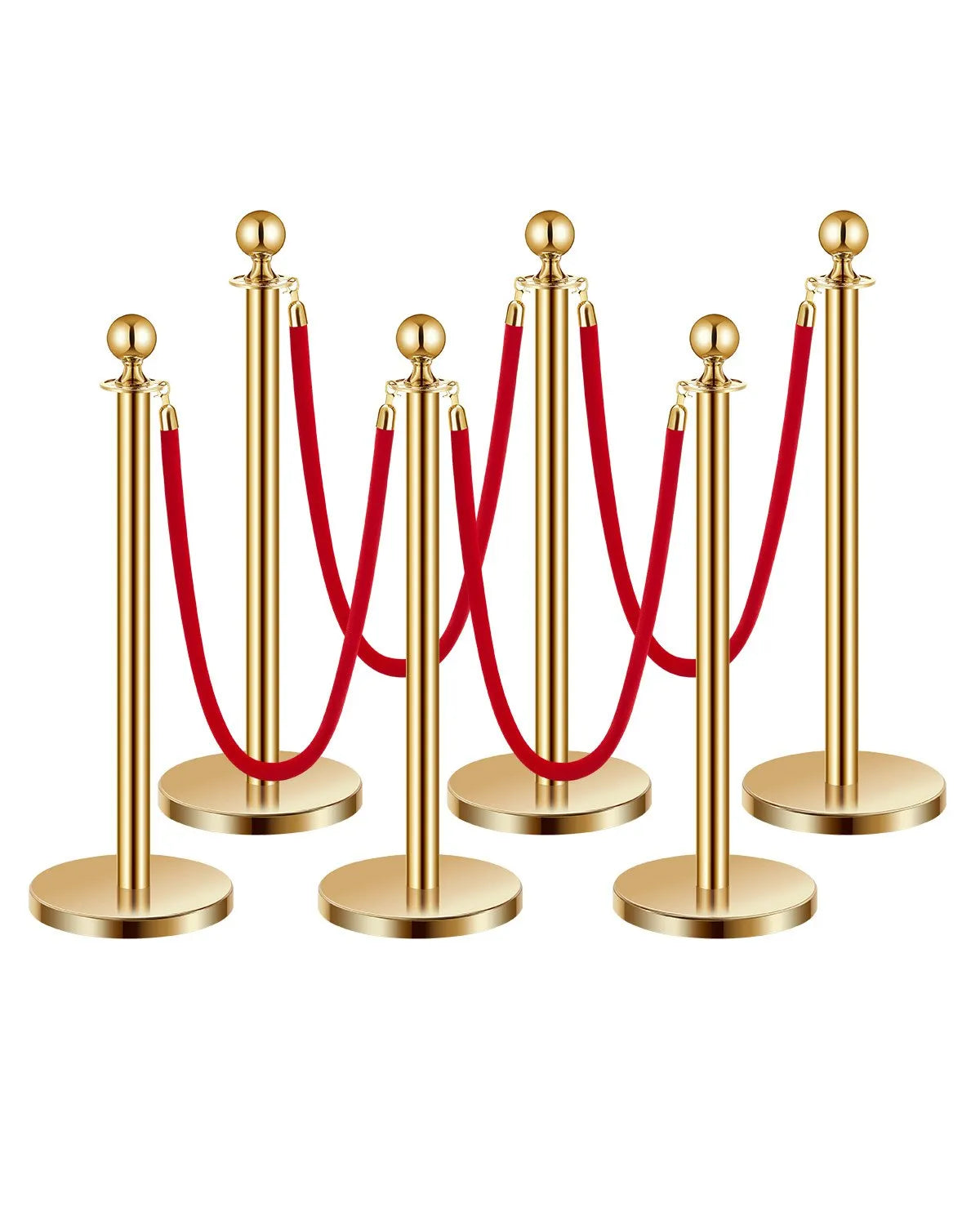 VEVOR 6 Pcs Gold Stanchion Post 4 Red Velvet Ropes Sand Injection Hollow Base