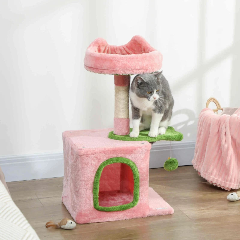 28" Cat Tree Tower with Plush Top Bed, Cozy Condo, Sisal Scratching Post, Perch, Dangling Ball, Pink & Green