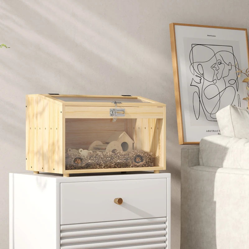 22"L Hamster Cage with Openable Top & Acrylic Windows, Small Animal Cage with Hut, Seesaw, Ladder, Natural Wood