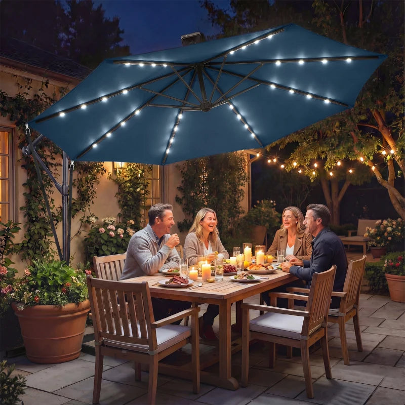 11.3 ft Cantilever Patio Umbrella with Light, Cover, Aluminium UPF50+ Offset Outdoor Umbrella Parasol, Navy Blue