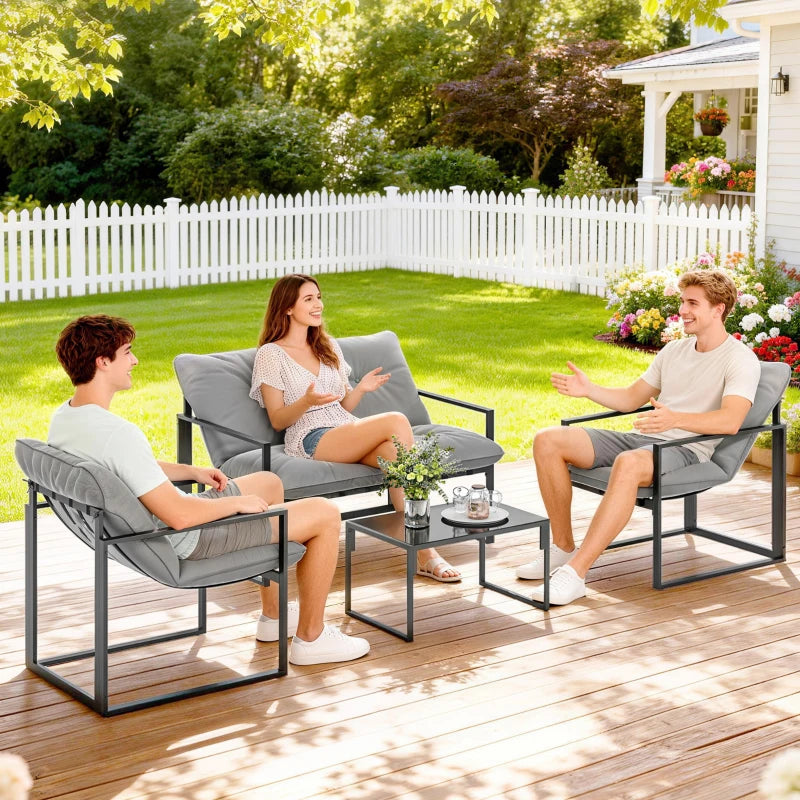 4 Piece Outdoor Furniture Set, Patio Conversation Set with Tempered Glass Table, Loveseat, Chairs, Cushions, Light Grey