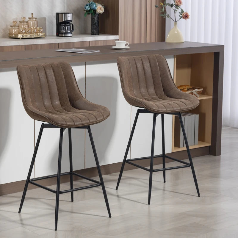 Set of 2 Counter Height Barstools, PU Leather Upholstered Bar Stools with Backrest, Footrest and Steel Legs, Brown