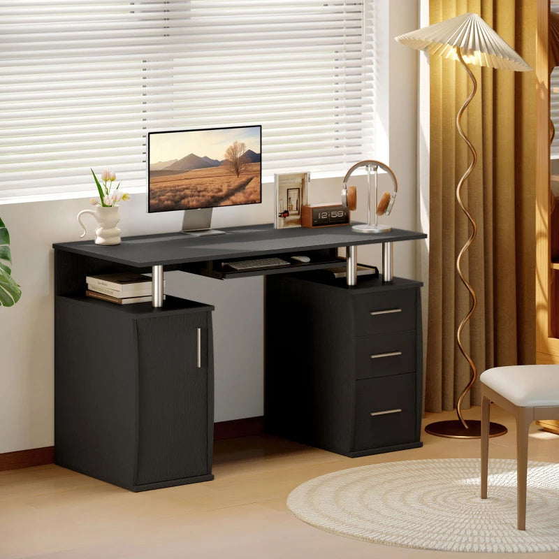 47" Computer Desk with Keyboard Tray and Storage Drawers, Home Office Workstation Table with Storage Shelves, Black