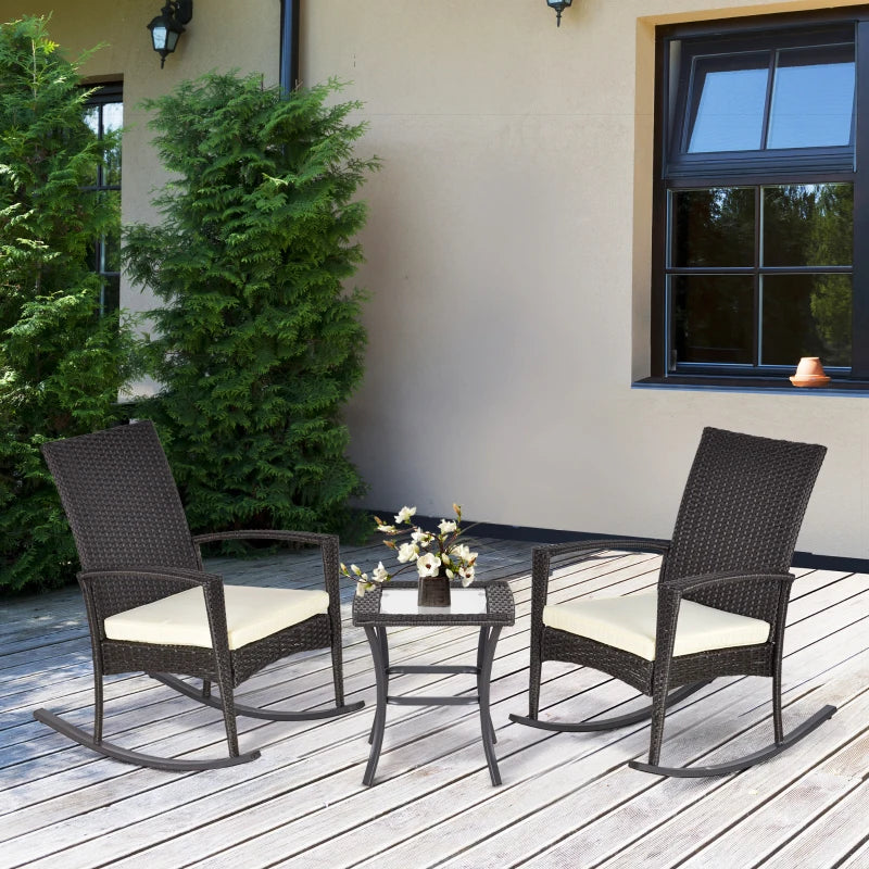 3 Pieces Patio Wicker Rocking Chair Set,  Outdoor PE Rattan Bistro Set Conversation Rocker Set with 2 Chairs 1 Coffee Table for Backyard, Deck, Poolside, Dark Grey