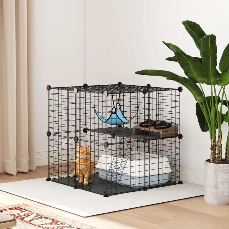 2 Tier Cat Cage Crate, DIY Pet Playpen with 2 Doors, Ladder, Hammock, Perch, Indoor Playpen for Kittens, Black