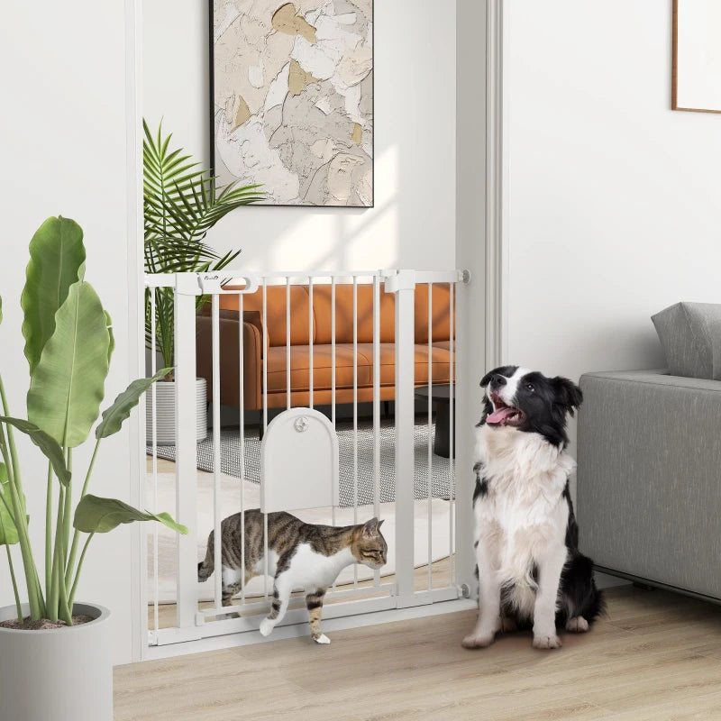 30"-41" Extra Wide Pet Gate Barrier with Small Door, 35"H Dog Gate with Safety Gate Barrier, Stair Pressure Fit, White