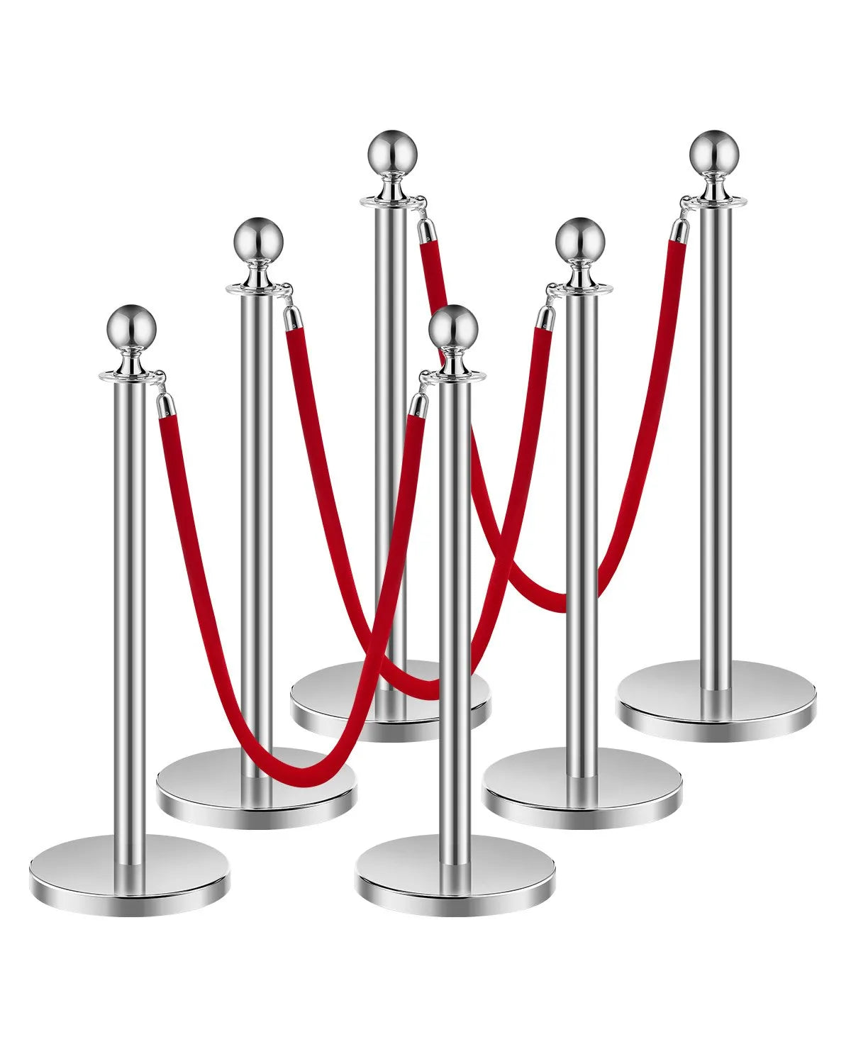 VEVOR 6 Pcs Silver Stanchion Post 3 Red Velvet Ropes Sand Injection Hollow Base