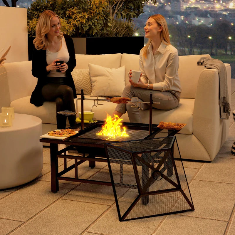 31.9" x 31.9" x 27.8" 2-in-1 Outdoor Fire Pit Firepit with BBQ Grill Grate, Wood Fire Pit with Adjustable Foot Pads, Outer Ledge, Poker, Mesh Lid for Backyard, Black
