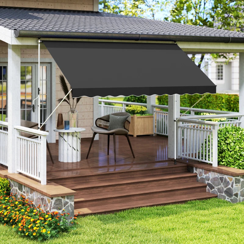 10x5ft Patio Sun Shade Canopy, Manual Retractable Awning with 5.6-9.2ft Support Pole for Window, Door, Porch, Black