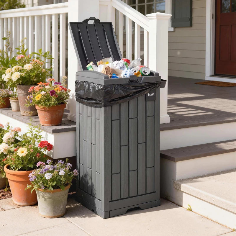 29 Gallon Outdoor Garbage Bin with Dual Lid, Plastic Outdoor Waste Trash Can with Side Holder and Drip Tray, Grey