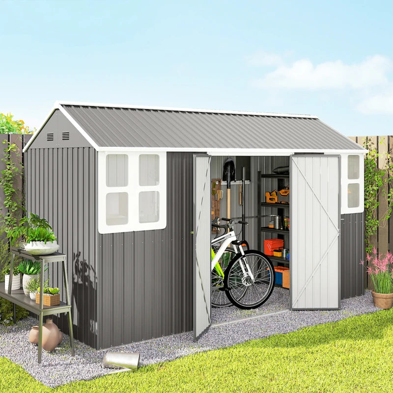 12' x 5.5' Metal Garden Storage Shed, Outdoor Tool Storage House with Lockable Door, Vents, Sloped Roof, Light Grey
