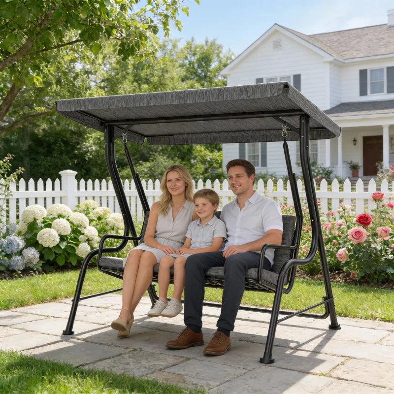 3-Person Porch Swing Chair, Patio Swing Bench with Adjustable Canopy, Removable Thicken Cushion, Black