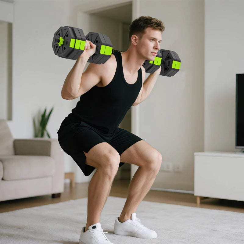 Soozier 6-in-1 Adjustable Dumbbell Set, Used as Kettlebell, Barbell, Dumbbell, Push-Up Stand, 66lbs Free Weights Set, Green