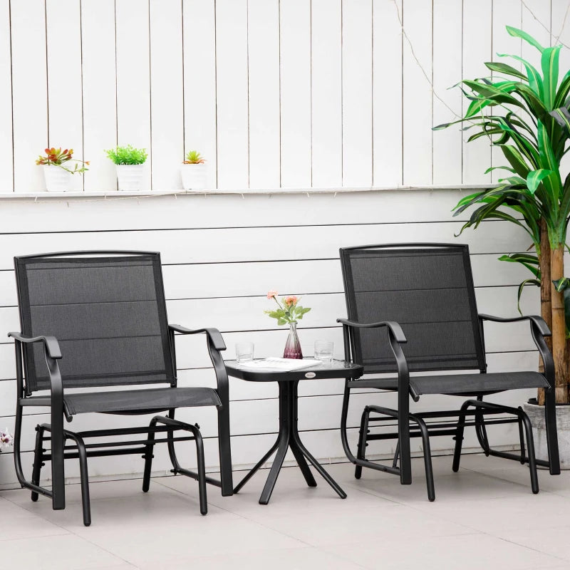 3 Piece Patio Glider Set Outdoor Gliders with Breathable Mesh Seat, Glass Top Table for Garden, Yard, Black