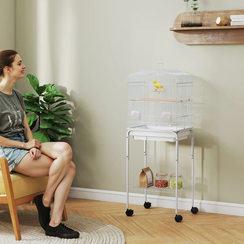 49" Rolling Bird Cage Cockatoo House Play Top Finch Pet Supply with Storage Shelf, Wheels - White