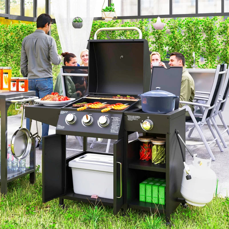 3 Burner Gas Grill with Side Burner, 9.5 KW Propane BBQ Grill, Cabinet Style with Shelves, Wheels, Instant Ignition