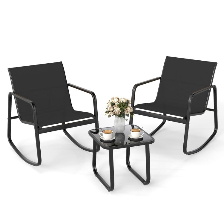 2 Rocking Bistro Chairs and Glass-Top Table for Porch Yard Balcony-Black
