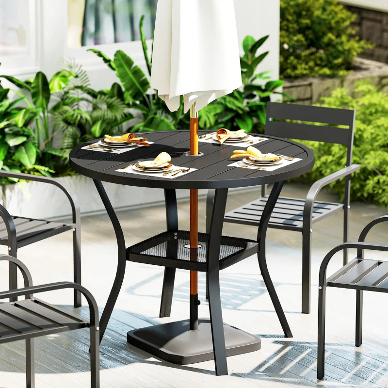 35.5" Round Outdoor Dining Table for 4, Metal Garden Patio Table with 1.6"-2" Umbrella Hole, Shelf, Slatted Top, Black