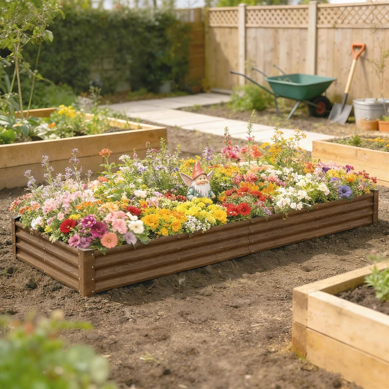 12 x 4 x 1ft Galvanized Raised Garden Bed, Reinforced Outdoor Planter Box with Open Bottom, Distressed Brown