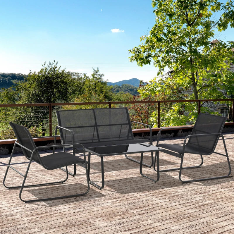 4 Piece Patio Furniture Set, Outdoor Conversation Set with Loveseat Sofa, Armchairs, Glass Top Coffee Table, Black