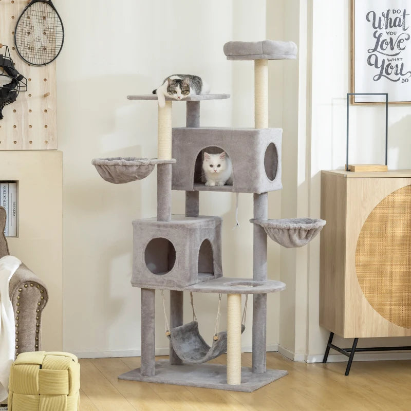 66 Inch Large Cat Tree with 2 Door Condos, 3 Big Hammocks, Plush Top Perch, Sisal Scratching Posts, Light Grey