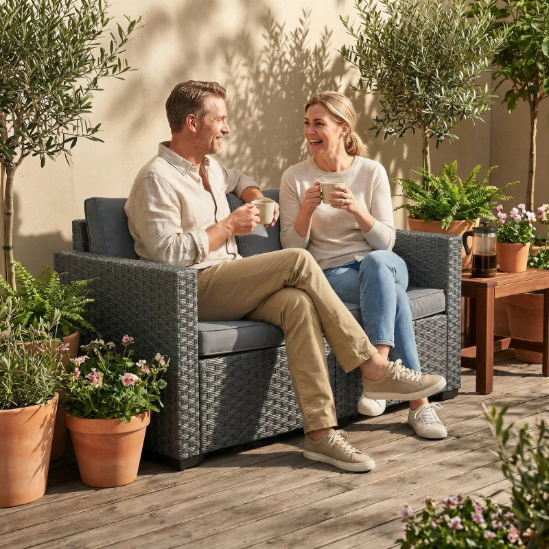 2 Seater Outdoor Couch Patio Sofa with Deep Seat, Cushions, Wide Armrests for Garden, Balcony, Porch, Dark Grey
