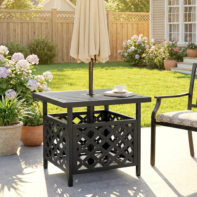 22" Outdoor Coffee Table, Patio Side Table with Umbrella Hole Slatted, Metal Top, for Garden, Backyard, Poolside, Black