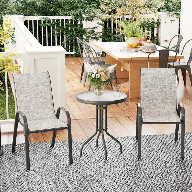 3 Pieces Bistro Set, Small Patio Furniture Set with Stackable Mesh Chairs, Glass Table for Garden, Balcony, Grey